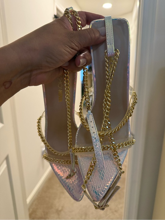 Iridescent Pink Chain-Trim Stiletto Sandals - Women